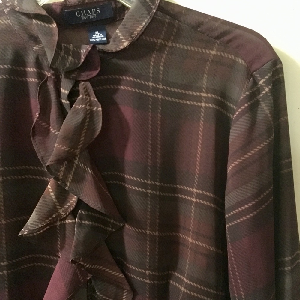 Chaps L/S Plaid Blouse with Ruffles